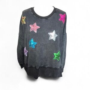 ODDY DISTRESSED BLACK SWEATSHIRT COLORFUL SEQUIN STARS LADIES LARGE